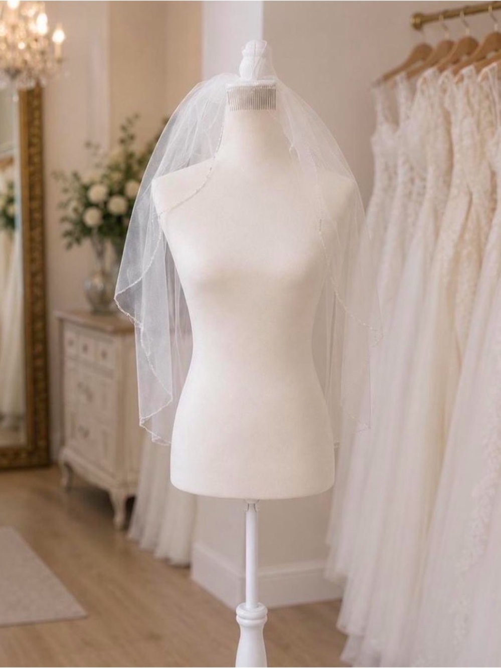 Elegant Single Tier Beaded Wedding Veil With Teardrop Accents - Picture 2 of 6
